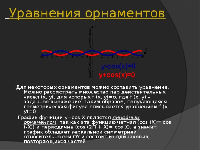 Уравнения орнаментов Для некоторых орнаментов можно составить уравнение. Можно рассмотреть множество пар действительных чисел ( x , y ), для которых f ( x , y )= o , где f ( x , y ) – заданное выражение. Таким образом, получающаяся геометрическая фигура описывается уравнением f ( x , y )=0.  График функции y = cos X является линейным орнаментом , так как эта функцию четная ( cos ( X )= cos (- X )) и периодична ( cos (2П + X )= cos X), а значит, график обладает зеркальной симметрией относительно оси OY и состоит из одинаковых, повторяющихся частей.