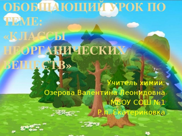 Обобщающий урок по теме:  «Классы неорганических веществ» Учитель химии: Озерова Валентина Леонидовна МБОУ СОШ №1 Р.п. Екатериновка