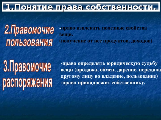 1.Понятие права собственности. - право извлекать полезные свойства вещи. (получение от нее продуктов, доходов) -право определять юридическую судьбу вещи (продажа,  обмен,  дарение,  передача другому лицу во владение, пользование) -право принадлежит собственнику.