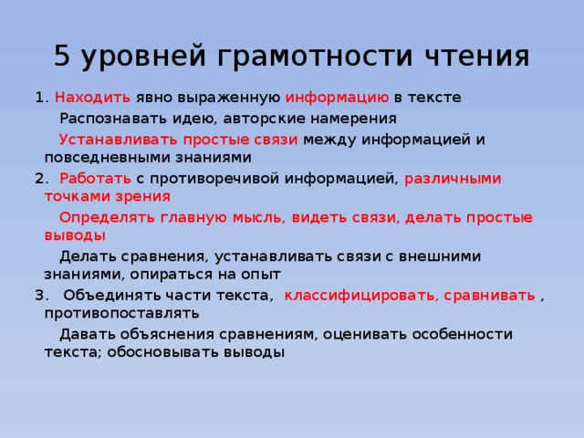 5 уровней грамотности чтения   1. Находить явно выраженную информацию в тексте  Распознавать идею, авторские намерения  Устанавливать простые связи между информацией и повседневными знаниями 2. Работать с противоречивой информацией, различными точками зрения  Определять главную мысль, видеть связи, делать простые выводы  Делать сравнения, устанавливать связи с внешними знаниями, опираться на опыт 3. Объединять части текста, классифицировать, сравнивать , противопоставлять  Давать объяснения сравнениям, оценивать особенности текста; обосновывать выводы