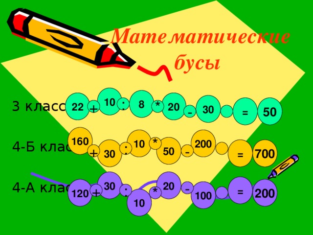 Математические бусы  10 8 22 20 30 = 50 160 10 200 50 30 700 = 30 20 = 120 200 100 10