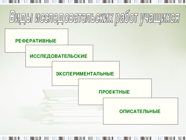 РЕФЕРАТИВНЫЕ ИССЛЕДОВАТЕЛЬСКИЕ ЭКСПЕРИМЕНТАЛЬНЫЕ  ПРОЕКТНЫЕ ОПИСАТЕЛЬНЫЕ