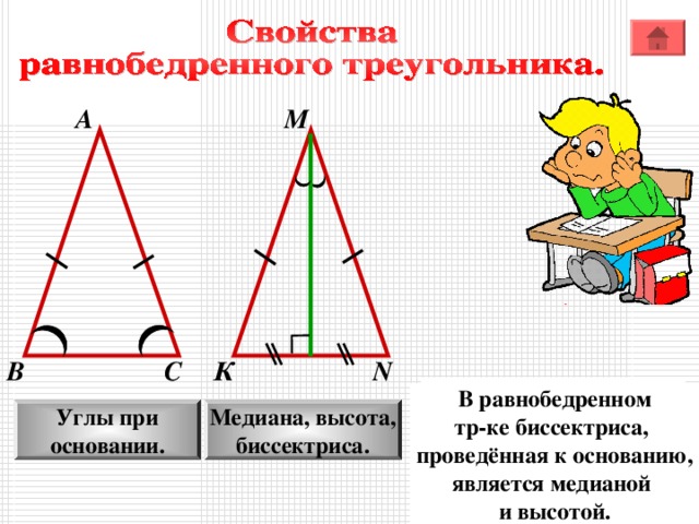А М В К С N В равнобедренном треугольнике углы при основании равны. В равнобедренном тр-ке биссектриса, проведённая к основанию, является медианой и высотой. Углы при основании. Медиана, высота, биссектриса.