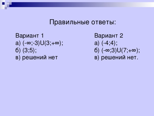 Правильные ответы: Вариант 1 а) (-∞;-3)U(3;+∞); б) (3;5); в) решений нет Вариант 2 а) (-4;4); б) (-∞;3)U(7;+∞); в) решений нет.