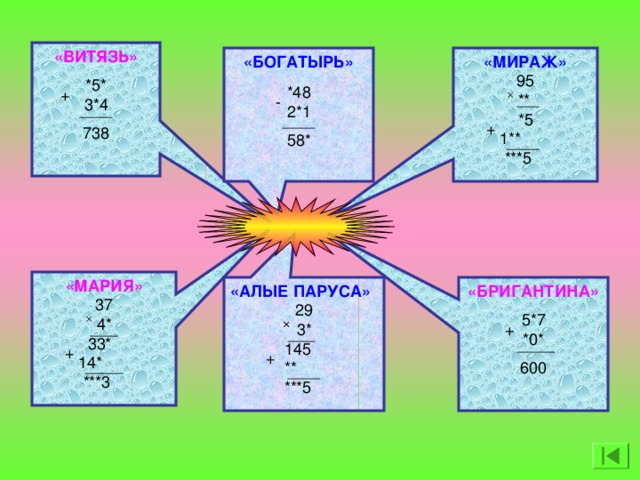 «ВИТЯЗЬ» *5*  + 3*4 738 «БОГАТЫРЬ»    «МИРАЖ»  *48  - 2*1 58* 95  ** *5  +  1**  ***5 «МАРИЯ»  37 4*  33*  +  14*  ***3 «АЛЫЕ ПАРУСА»  «БРИГАНТИНА» 5*7  + *0* 600 29 3*  145  +  **  ***5