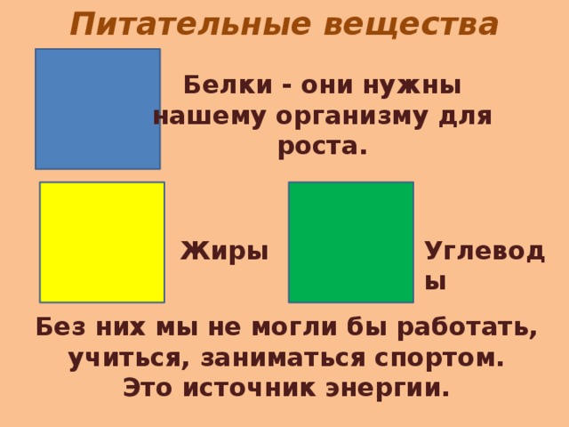 Питательные вещества Белки - они нужны нашему организму для роста. Жиры Углеводы Без них мы не могли бы работать,  учиться, заниматься спортом. Это источник энергии.