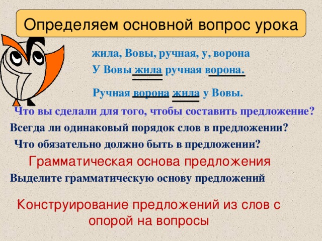 Определяем основной вопрос урока жила, Вовы, ручная, у, ворона У Вовы жила ручная ворона. Ручная ворона жила у Вовы. Что вы сделали для того, чтобы составить предложение? Всегда ли одинаковый порядок слов в предложении? Что обязательно должно быть в предложении? Грамматическая основа предложения Выделите грамматическую основу предложений Конструирование предложений из слов с опорой на вопросы