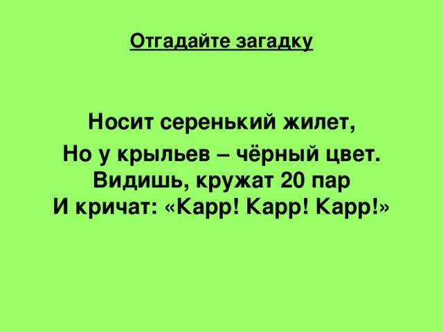 Отгадайте загадку Носит серенький жилет, Но у крыльев – чёрный цвет.  Видишь, кружат 20 пар  И кричат: «Карр! Карр! Карр!»