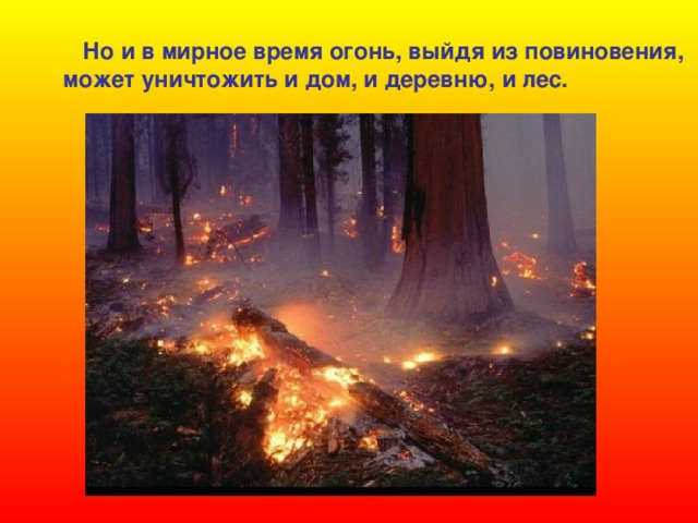 Но и в мирное время огонь, выйдя из повиновения, может уничтожить и дом, и деревню, и лес.
