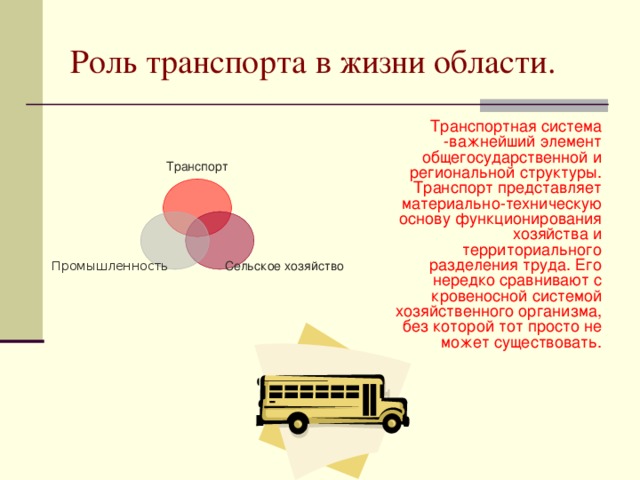 Роль транспорта в жизни области. Транспортная система -важнейший элемент общегосударственной и региональной структуры. Транспорт представляет материально-техническую основу функционирования хозяйства и территориального разделения труда. Его нередко сравнивают с кровеносной системой хозяйственного организма, без которой тот просто не может существовать. Транспорт Сельское хозяйство Промышленность