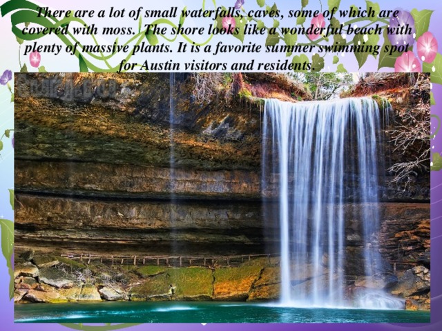 There are a lot of small waterfalls, caves, some of which are covered with moss. The shore looks like a wonderful beach with plenty of massive plants. It is a favorite summer swimming spot for Austin visitors and residents.