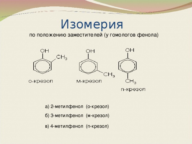Изомерия  по положению заместителей (у гомологов фенола) а) 2-метилфенол  (о-крезол) б) 3-метилфенол  (м-крезол) в) 4-метилфенол  (n-крезол)