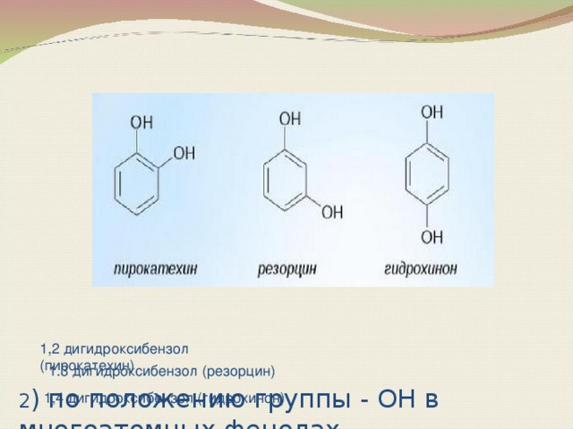 2 ) по положению группы - OH в многоатомных фенолах    1,2 дигидроксибензол (пирокатехин) 1.3 дигидроксибензол (резорцин) 1,4 дигидроксибензол (гидрохинон)