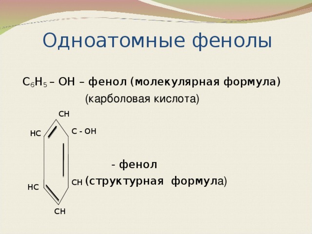 Одноатомные фенолы C 6 H 5 – OH – фенол (молекулярная формула)  (карболовая кислота)     - фенол  (структурная формул а) CH C - OH HC CH HC CH