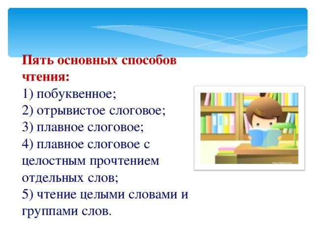 Пять основных способов чтения: 1) побуквенное; 2) отрывистое слоговое; 3) плавное слоговое; 4) плавное слоговое с целостным прочтением отдельных слов; 5) чтение целыми словами и группами слов . 3