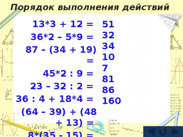 Порядок выполнения действий 51 32 34 10 7 81 86 160  13*3 + 12 = 36*2 – 5*9 = 87 – (34 + 19) = 45*2 : 9 = 23 – 32 : 2 = 36 : 4 + 18*4 = (64 – 39) + (48 + 13) = 8*(35 - 15) =