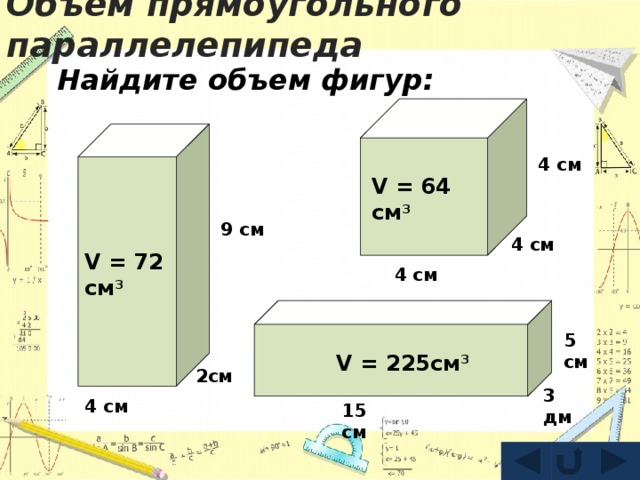 Объем прямоугольного параллелепипеда Найдите объем фигур: 4 см V = 64 см 3 9 см 4 см V = 72 см 3 4 см 5 см V = 225см 3 2см 3 дм 4 см 15 см