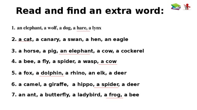 Read and find an extra word: an elephant, a wolf, a dog, a hare, a lynx 2. a cat, a canary, a swan, a hen, an eagle 3. a horse, a pig, an elephant, a cow, a cockerel 4. a bee, a fly, a spider, a wasp, a cow 5. a fox, a dolphin, a rhino, an elk, a deer 6. a camel, a giraffe, a hippo, a spider, a deer 7. an ant, a butterfly, a ladybird, a frog, a bee