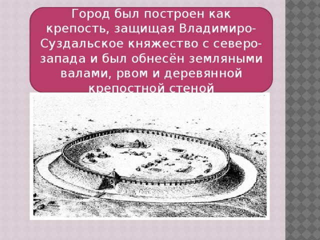 Город был построен как крепость, защищая Владимиро-Суздальское княжество с северо-запада и был обнесён земляными валами, рвом и деревянной крепостной стеной