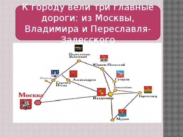 К городу вели три главные дороги: из Москвы, Владимира и Переславля-Залесского
