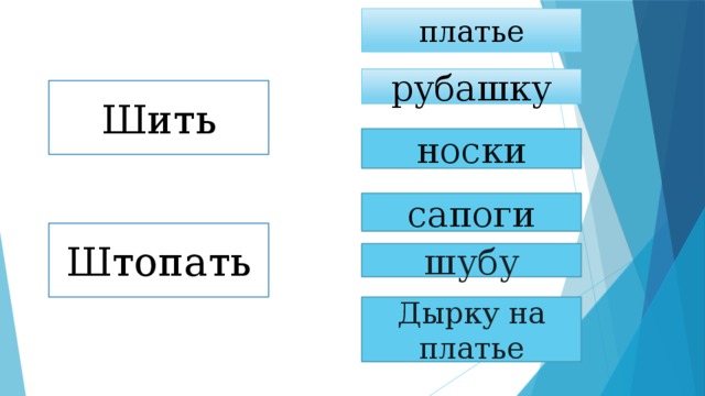 платье рубашку Шить носки сапоги Штопать шубу Дырку на платье