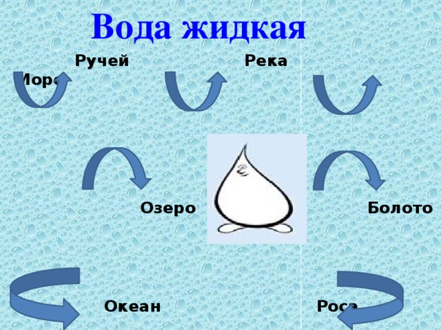 Вода жидкая   Ручей Река   Море  Озеро   Болото  Океан  Роса