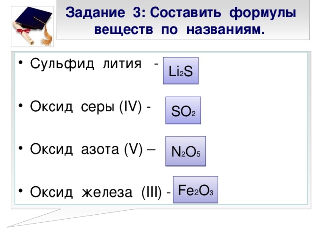 Задание 3: Составить формулы веществ по названиям. Сульфид лития -  Оксид серы ( IV) -  Оксид азота ( V) –  Оксид железа ( III) - Li 2 S SO 2 N 2 O 5 Fe 2 O 3