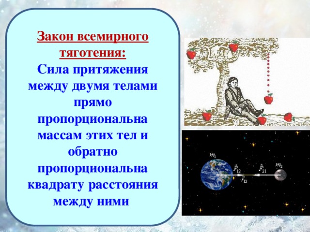 Закон всемирного тяготения: Сила притяжения между двумя телами прямо пропорциональна массам этих тел и обратно пропорциональна квадрату расстояния между ними