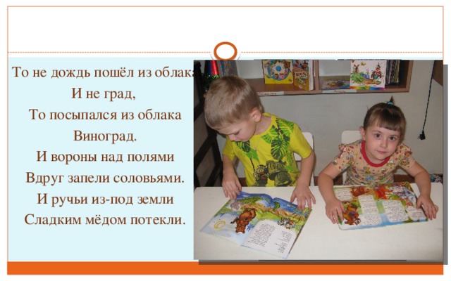 То не дождь пошёл из облака И не град, То посыпался из облака Виноград. И вороны над полями Вдруг запели соловьями. И ручьи из-под земли Сладким мёдом потекли.