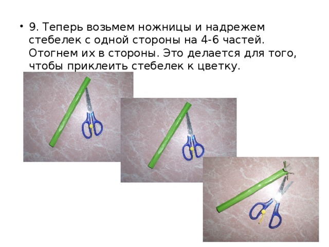 9. Теперь возьмем ножницы и надрежем стебелек с одной стороны на 4-6 частей. Отогнем их в стороны. Это делается для того, чтобы приклеить стебелек к цветку.