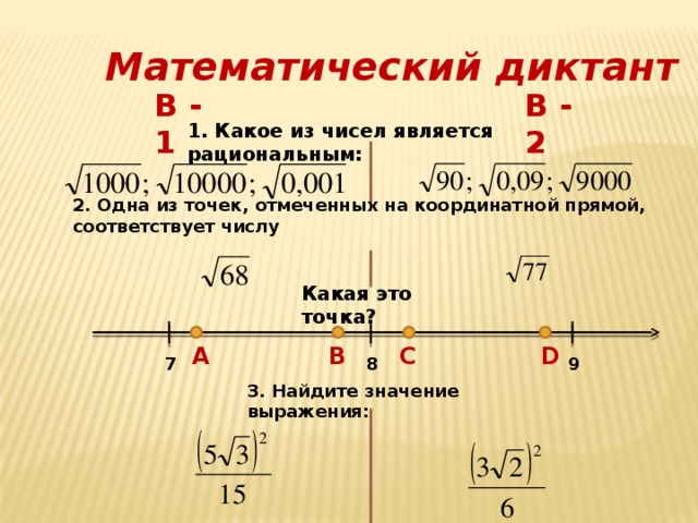 Математический диктант В - 1 В - 2 1. Какое из чисел является рациональным: 2. Одна из точек, отмеченных на координатной прямой, соответствует числу Какая это точка? А B C D 8 9 7 3. Найдите значение выражения: