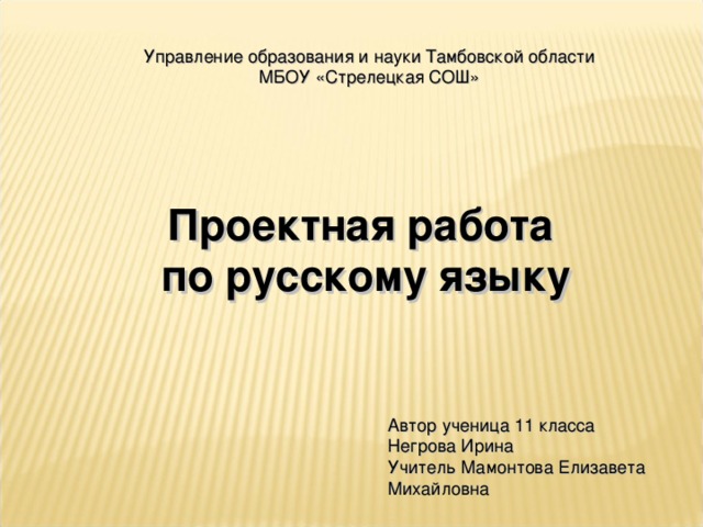 Управление образования и науки Тамбовской области МБОУ «Стрелецкая СОШ» Проектная работа  по русскому языку Автор ученица 11 класса Негрова Ирина Учитель Мамонтова Елизавета Михайловна