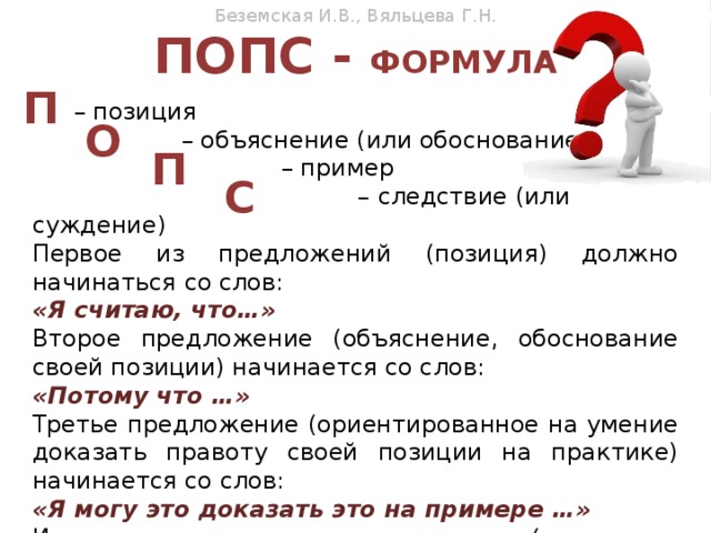 Беземская И.В., Вяльцева Г.Н. Попс - формула    – позиция   – объяснение (или обоснование)  – пример – следствие (или суждение) Первое из предложений (позиция) должно начинаться со слов: «Я считаю, что…» Второе предложение (объяснение, обоснование своей позиции) начинается со слов: «Потому что …» Третье предложение (ориентированное на умение доказать правоту своей позиции на практике) начинается со слов: «Я могу это доказать это на примере …» И, наконец, четвертое предложение (следствие, суждение, выводы) начинается со слов: «Исходя из этого, я делаю вывод о том, что…» П О П С