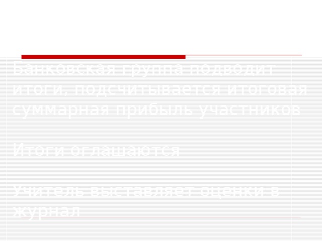 Банковская группа подводит итоги, подсчитывается итоговая суммарная прибыль участников   Итоги оглашаются    Учитель выставляет оценки в журнал