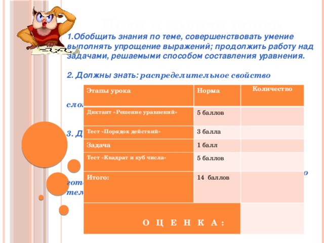 Цели и задачи урока Обобщить знания по теме, совершенствовать умение выполнять упрощение выражений; продолжить работу над задачами, решаемыми способом составления уравнения.  2. Должны знать: распределительное свойство  умножения относительно сложения,  вычитания, правила вычисления  квадрата и куба числа. 3 . Должны уметь: Упрощать выражения, вычислять  квадрат и куб числа, уметь  оформлять и решать задачи с  помощью уравнения. Оценить свою готовность к выполнению контрольной работы по теме «Упрощение выражений»  Этапы урока Норма Диктант «Решение уравнений» Количество 5 баллов Тест «Порядок действий» 3 балла   Задача   1 балл Тест «Квадрат и куб числа» 5 баллов Итого:     14 баллов   О Ц Е Н К А :  