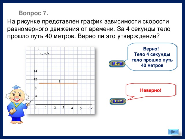 Вопрос 7. На рисунке представлен график зависимости скорости равномерного движения от времени. За 4 секунды тело прошло путь 40 метров. Верно ли это утверждение? Верно! Тело 4 секунды тело прошло путь 40 метров Неверно!