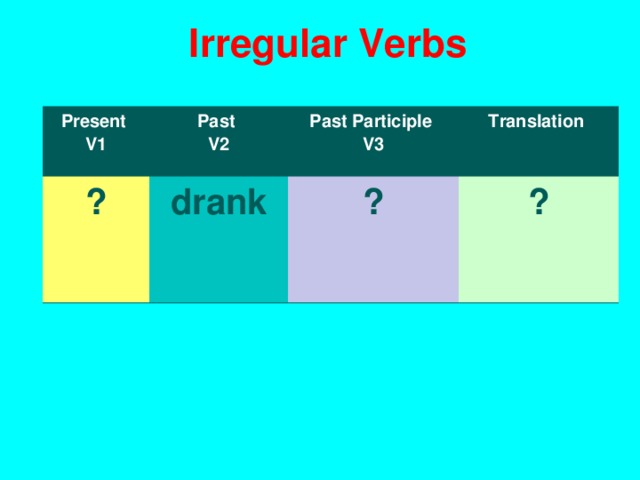 I rregular Verbs Present V1 Past V2 ? drank Past Participle V3 T ranslation ? ?
