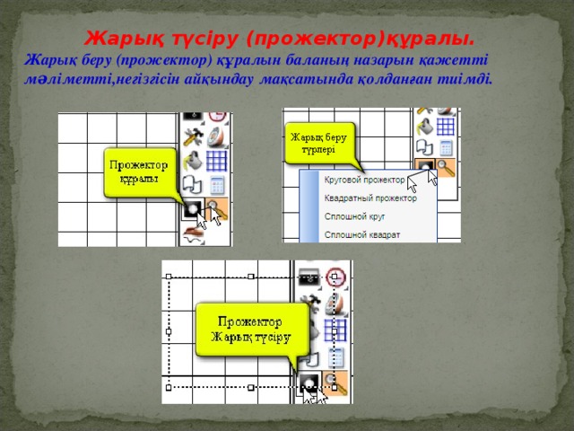 Жарық түсіру (прожектор)құралы. Жарық беру (прожектор) құралын баланың назарын қажетті мəліметті,негізгісін айқындау мақсатында қолданған тиімді.