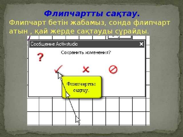 Флипчартты сақтау. Флипчарт бетін жабамыз, сонда флипчарт атын , қай жерде сақтауды сұрайды.