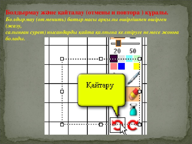 Болдырмау жəне қайталау (отмены и повтора ) құралы. Болдырмау (отменить) батырмасы арқылы өшіргішпен өшірген (жазу, салынған сурет) нысандарды қайта қалпына келтіруге немесе жоюға болады.