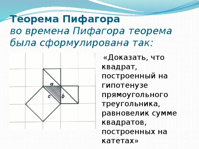 Теорема Пифагора  во времена Пифагора теорема была сформулирована так:  «Доказать, что квадрат, построенный на гипотенузе прямоугольного треугольника, равновелик сумме квадратов, построенных на катетах»