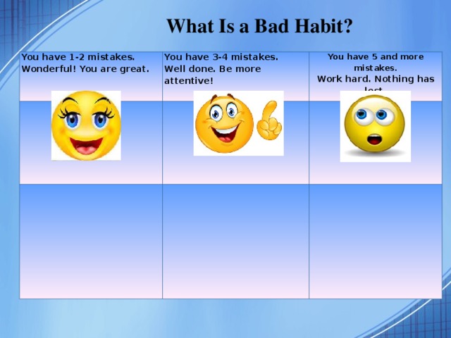 What Is a Bad Habit? You have 1-2 mistakes. Wonderful! You are great. You have 3-4 mistakes. Well done. Be more attentive! You have 5 and more mistakes. Work hard. Nothing has lost.                                              