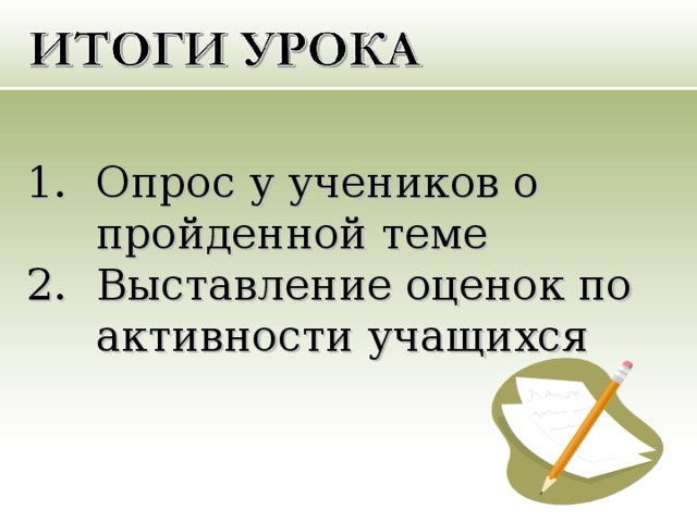 Опрос у учеников о пройденной теме Выставление оценок по активности учащихся