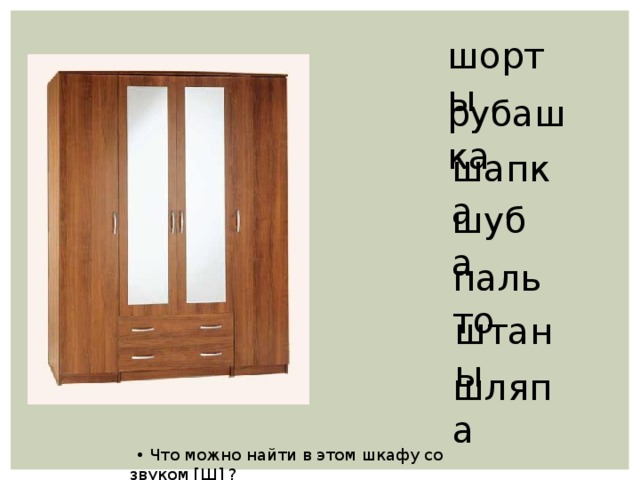 шорты рубашка шапка шуба пальто штаны шляпа   • Что можно найти в этом шкафу со звуком [ Ш ] ?