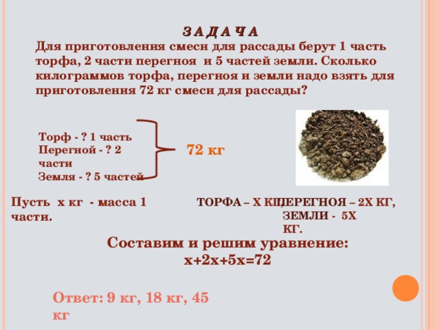 З А Д А Ч А Для приготовления смеси для рассады берут 1 часть торфа, 2 части перегноя и 5 частей земли. Сколько килограммов торфа, перегноя и земли надо взять для приготовления 72 кг смеси для рассады?  Торф - ? 1 часть Перегной - ? 2 части Земля - ? 5 частей 72 кг Пусть х кг - масса 1 части. ТОРФА – Х КГ, ПЕРЕГНОЯ – 2Х КГ,  ЗЕМЛИ - 5Х КГ. Составим и решим уравнение: х+2х+5х=72 Составим и решим уравнение: х+2х+5х=72 Ответ: 9 кг, 18 кг, 45 кг