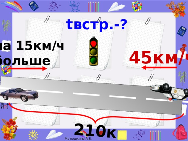 210км tвстр.-? на 15км/ч больше 45км/ч Из двух городов, расстояние между которыми 210км навстречу друг другу одновременно выехали два автомобиля. Вычислите время встречи, если скорость одного автомобиля 45 км/ч, а другого на 15 км/ч больше. 9