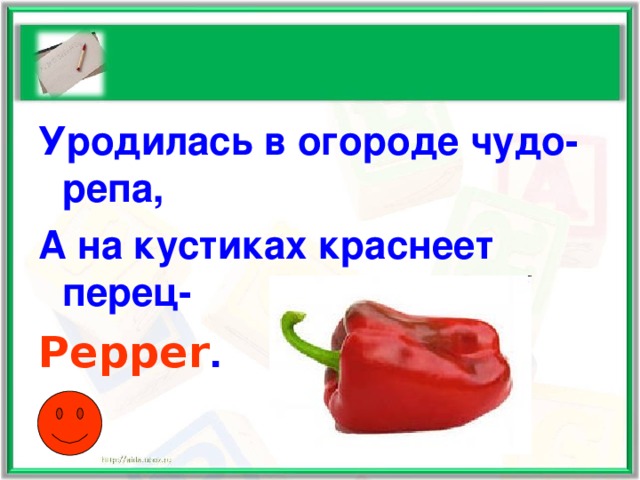 Уродилась в огороде чудо-репа, А на кустиках краснеет перец- Pepper .