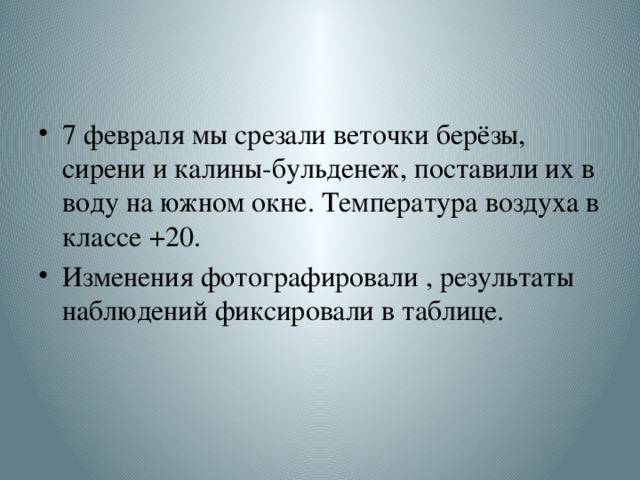 7 февраля мы срезали веточки берёзы, сирени и калины-бульденеж, поставили их в воду на южном окне. Температура воздуха в классе +20. Изменения фотографировали , результаты наблюдений фиксировали в таблице.