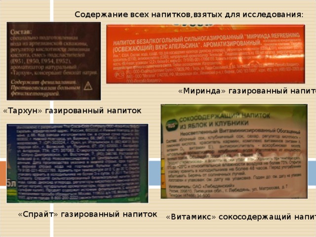 Содержание всех напитков,взятых для исследования: «Миринда» газированный напиток «Тархун» газированный напиток «Спрайт» газированный напиток «Витамикс» сокосодержащий напиток