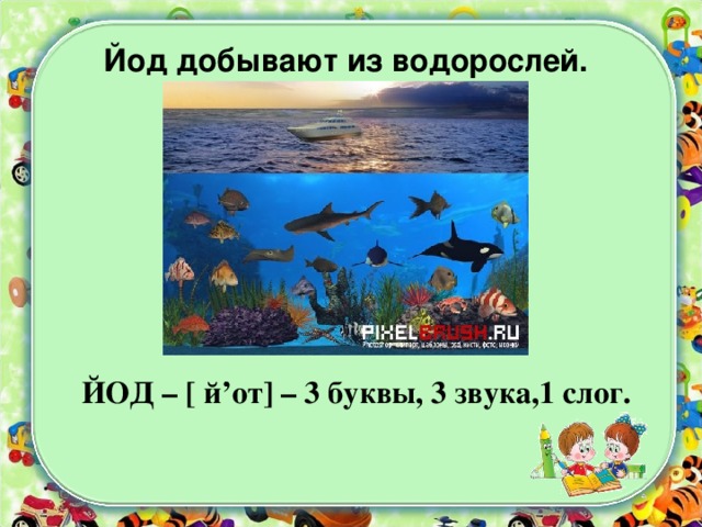 Йод добывают из водорослей. ЙОД – [ й ’ от ] – 3 буквы, 3 звука,1 слог.